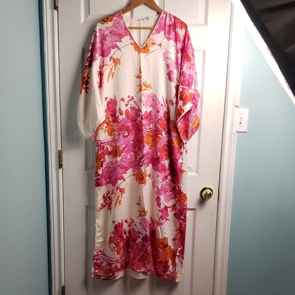 Natori | Floral Colorful Flowy Mumu Caftan Style Maxi Dress -  S - Cream & pinks - Picture 1 of 7